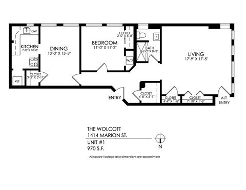 A floor plan of a one bedroom apartment at The Wolcott.